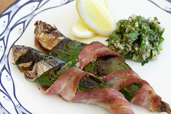 Grilled Sardines Wrapped in Smoked Bacon and Wild Garlic with Wild Garlic Persillade