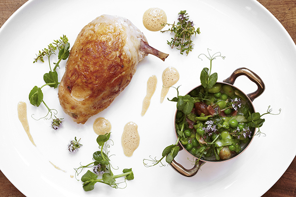 Stuffed Roast Breast of Chicken with Braised Peas and Broad Beans, Crispy Smoked Bacon and Garden Thyme