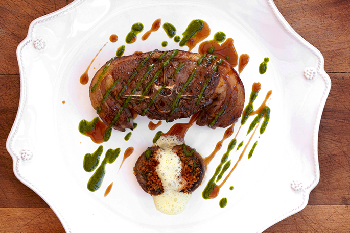 Grilled Barnsley chop with devilled kidneys, nettle and mint sauce