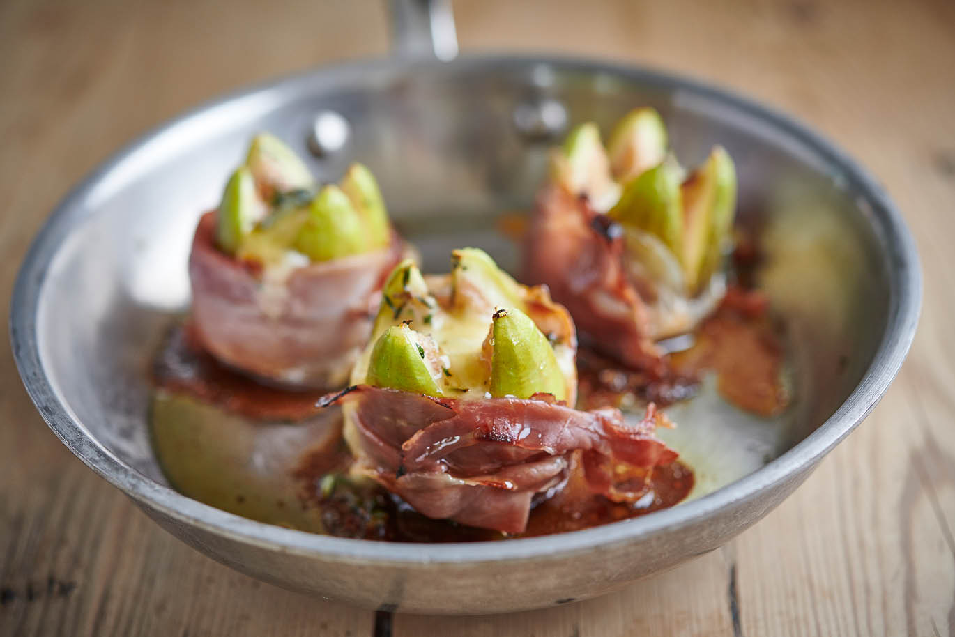 Honey baked figs with air-dried ham, Yorkshire blue cheese and walnuts