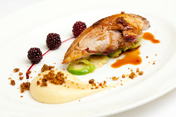 Roast pheasant breast, parsnip purée, parkin and pickled brambles