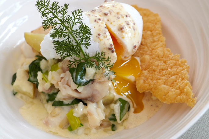 Smoked haddock and pearl barley risotto, poached egg and grain mustard