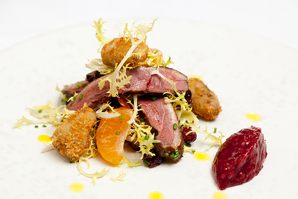 Smoked mallard salad with crispy duck heart croutons, clementine and cranberry relish