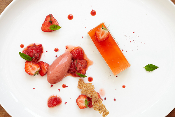 Strawberry Cheesecake with Strawberry and Basil Sorbet and Black Pepper Tuile